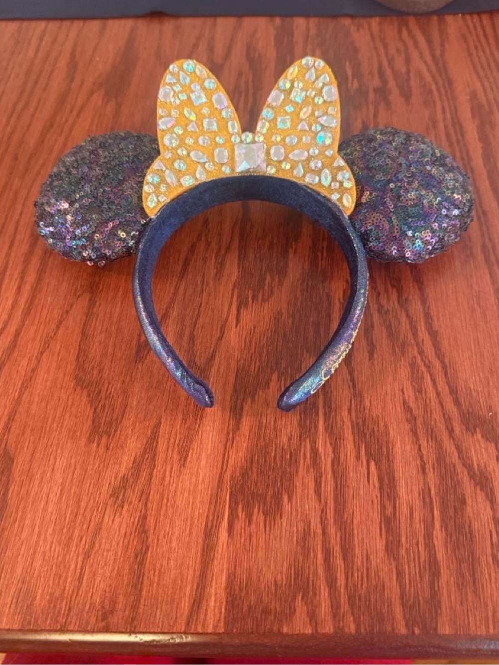 Disney Parks 50th Anniversary Iridescent Minnie Ears Jeweled Gold Bow Headband